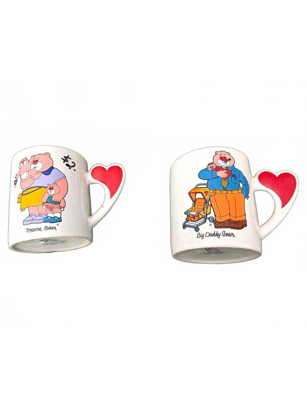 The Love Mug 1984 Mama Bear & Big Daddy Bear 2pc Heart Handle Ceramic Mugs